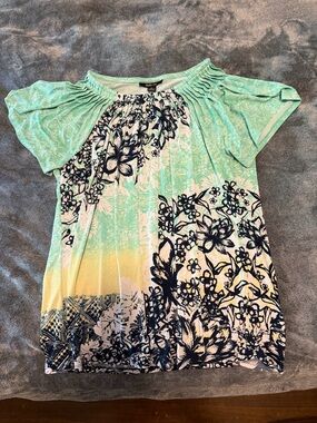 Style & Co. Mint, Yellow & Navy Floral Short Sleeve Tunic